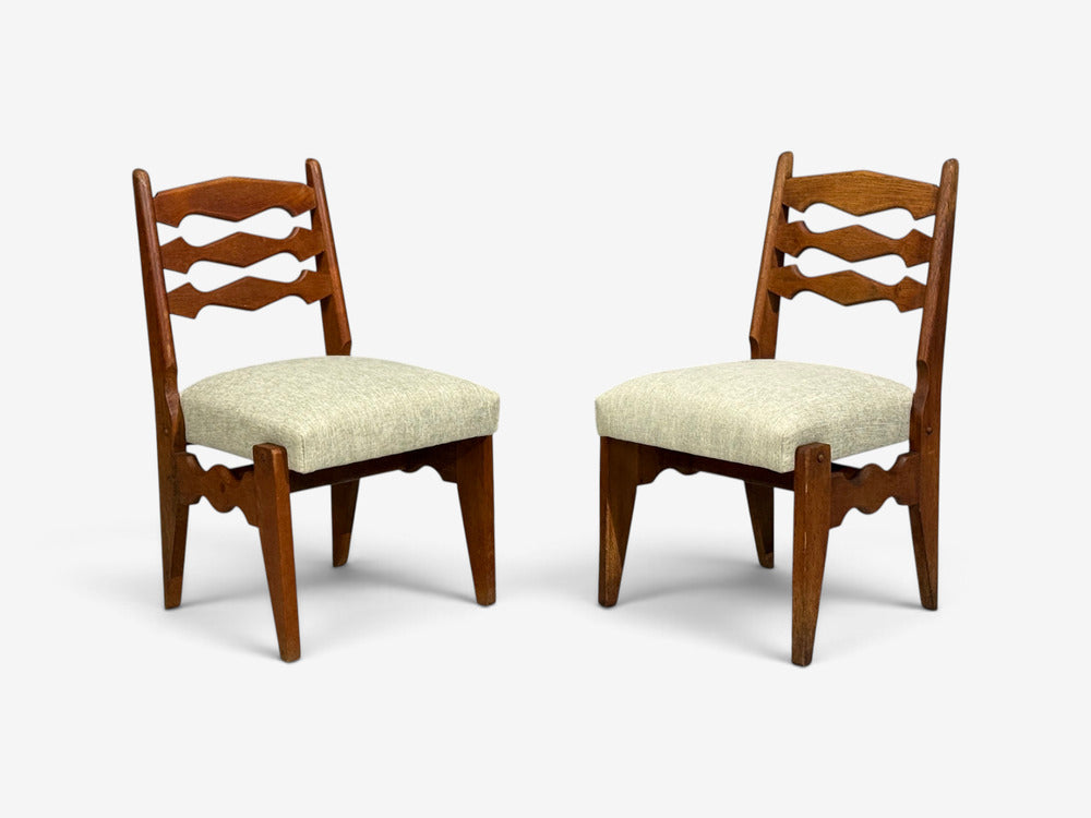 Guillerme & Chambron, Dining Chairs, Oak, Green Fabric, France, 1950s