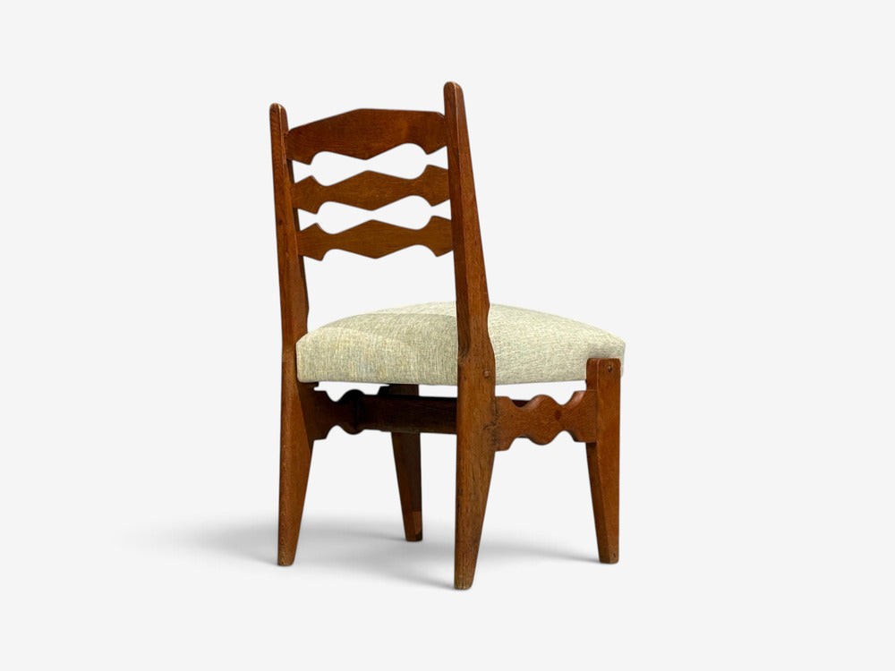 Guillerme & Chambron, Dining Chairs, Oak, Green Fabric, France, 1950s