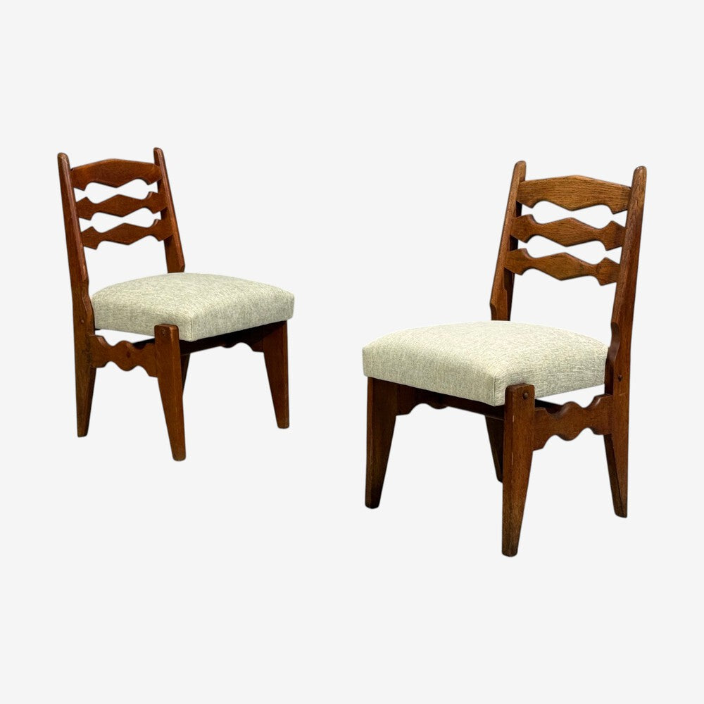 Guillerme & Chambron, Dining Chairs, Oak, Green Fabric, France, 1950s