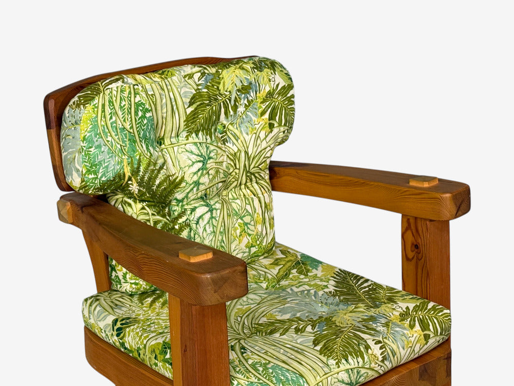 Stig Sandqvist, Brutalist Lounge Chairs, Pine, Green Fabric, Sweden, 1960