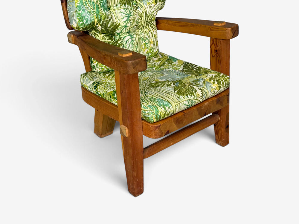 Stig Sandqvist, Brutalist Lounge Chairs, Pine, Green Fabric, Sweden, 1960
