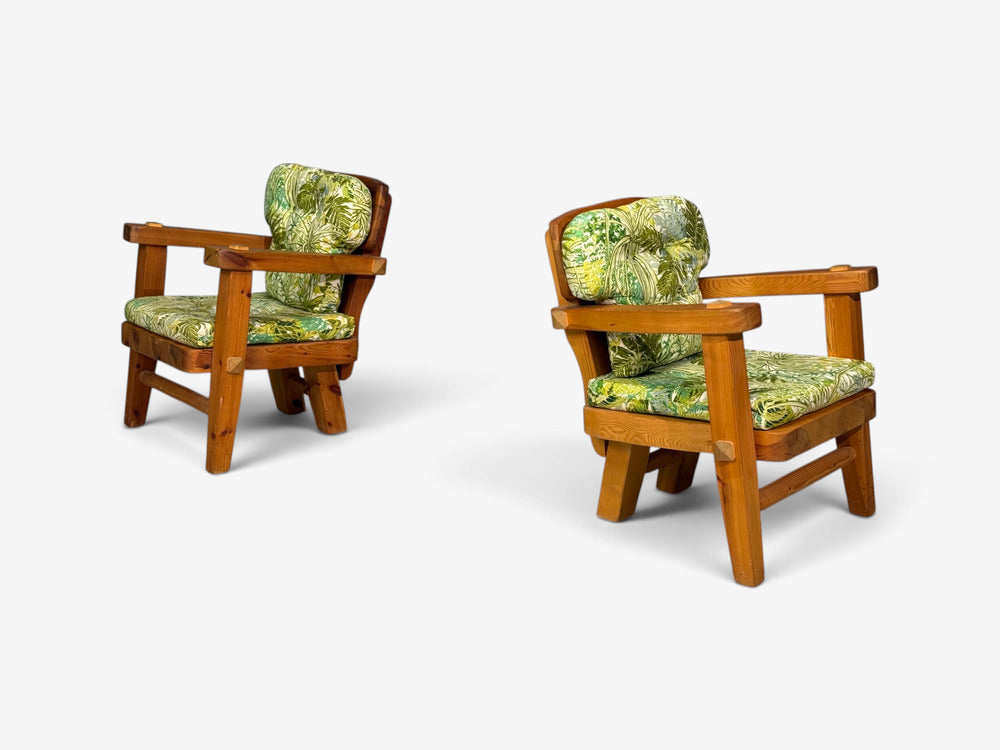 Stig Sandqvist, Brutalist Lounge Chairs, Pine, Green Fabric, Sweden, 1960