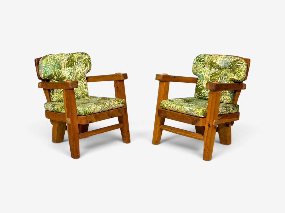 Stig Sandqvist, Brutalist Lounge Chairs, Pine, Green Fabric, Sweden, 1960