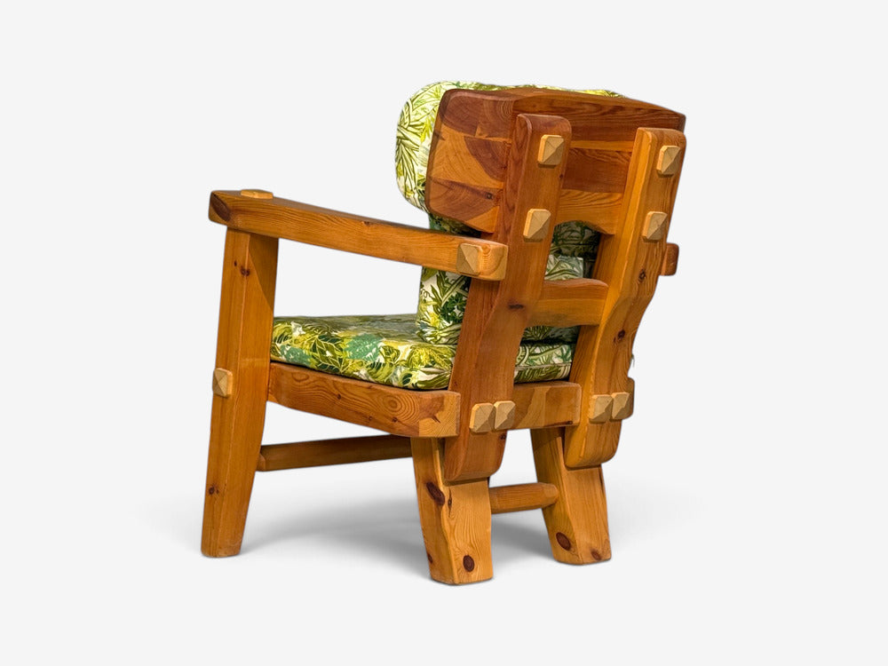 Stig Sandqvist, Brutalist Lounge Chairs, Pine, Green Fabric, Sweden, 1960