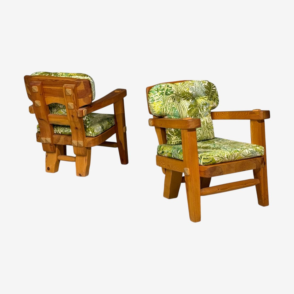 Stig Sandqvist, Brutalist Lounge Chairs, Pine, Green Fabric, Sweden, 1960