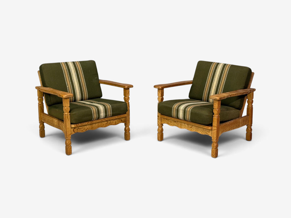 Henning Kjaernulf Style, Lounge Chairs, Oak, Fabric, Denmark, 1970s