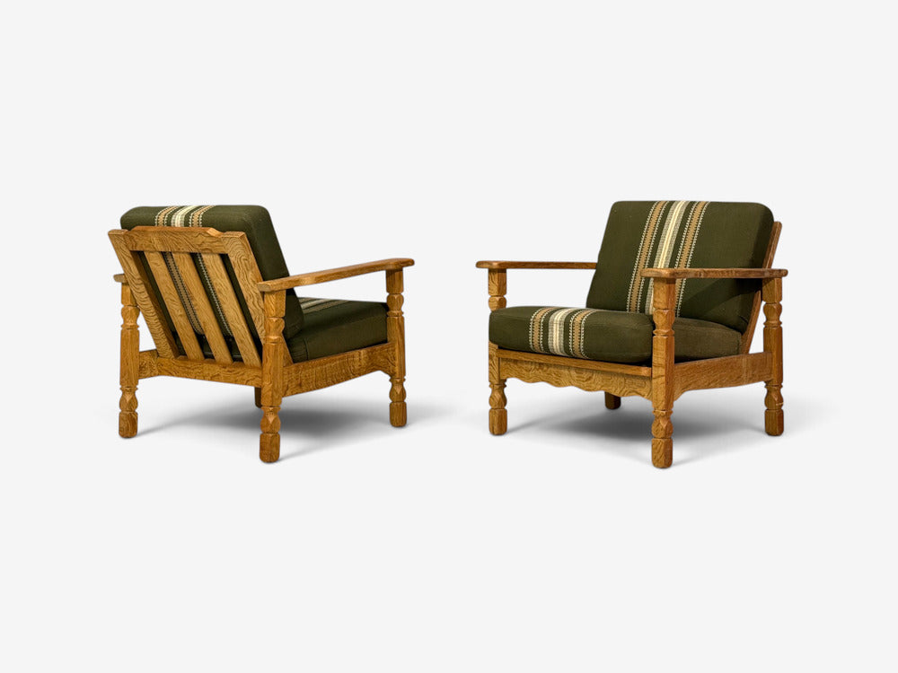 Henning Kjaernulf Style, Lounge Chairs, Oak, Fabric, Denmark, 1970s