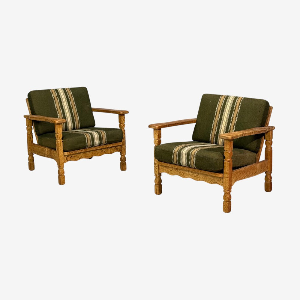 Henning Kjaernulf Style, Lounge Chairs, Oak, Fabric, Denmark, 1970s