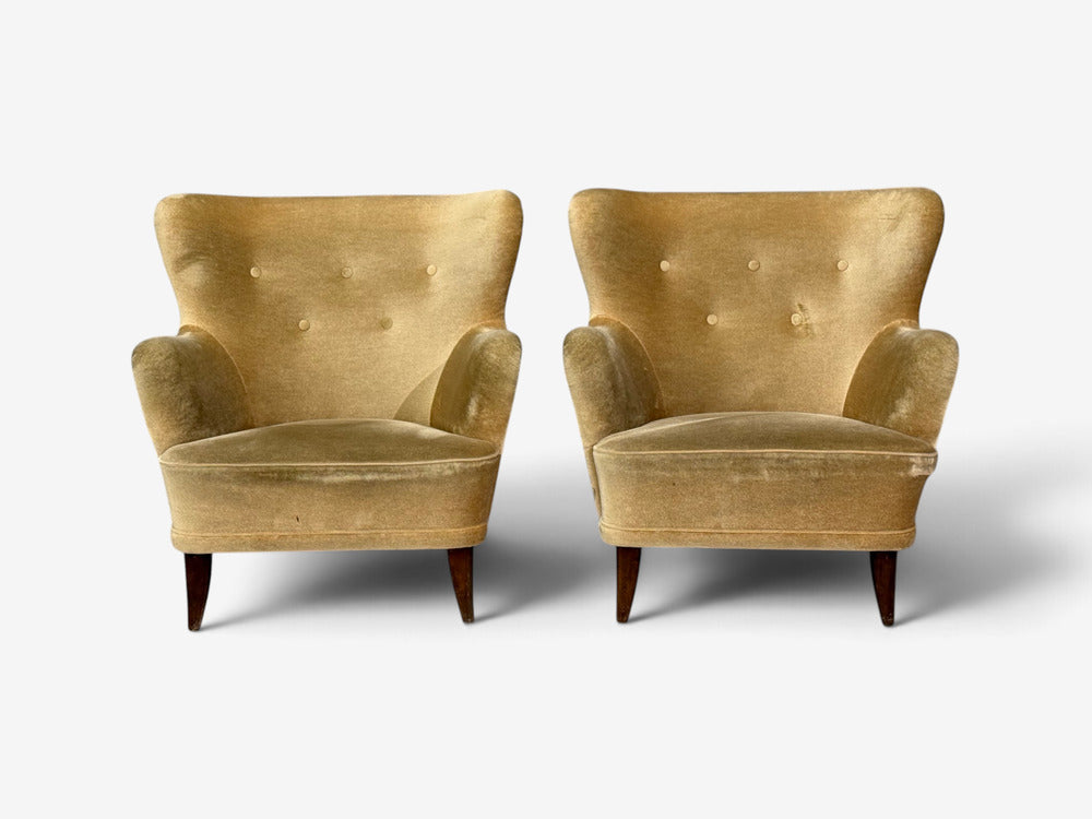 Ilmari Lappalainen, Lounge Chairs, Beech, Velvet, Finland, 1950s