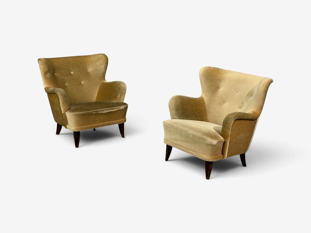 Ilmari Lappalainen, Lounge Chairs, Beech, Velvet, Finland, 1950s