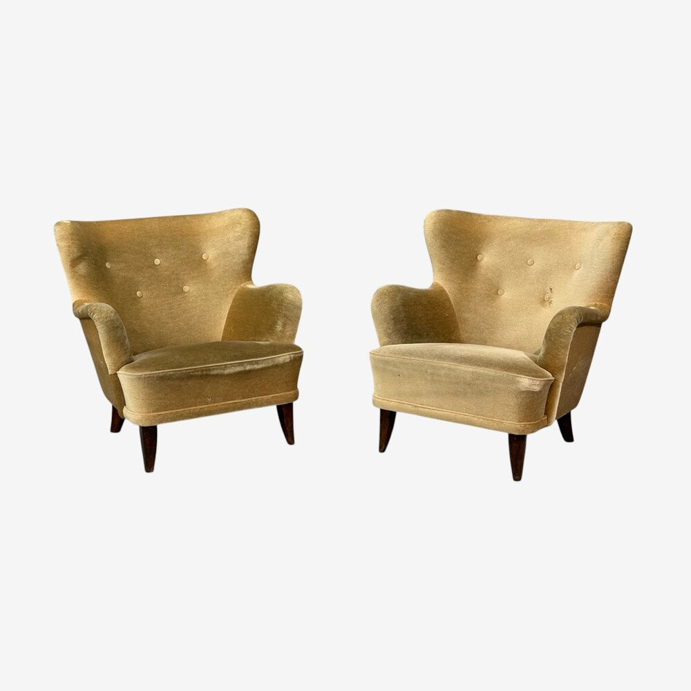 Ilmari Lappalainen, Lounge Chairs, Beech, Velvet, Finland, 1950s