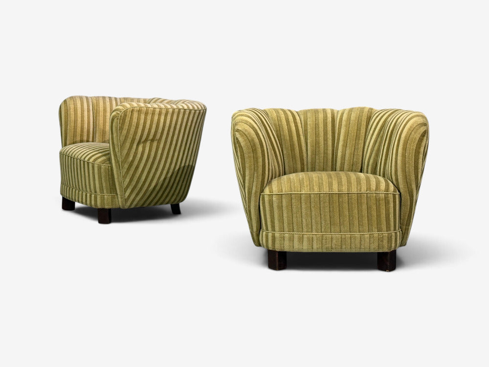 Danish Cabinetmaker, Banana Lounge Chairs, Beech, Velour, Denmark, 1940s