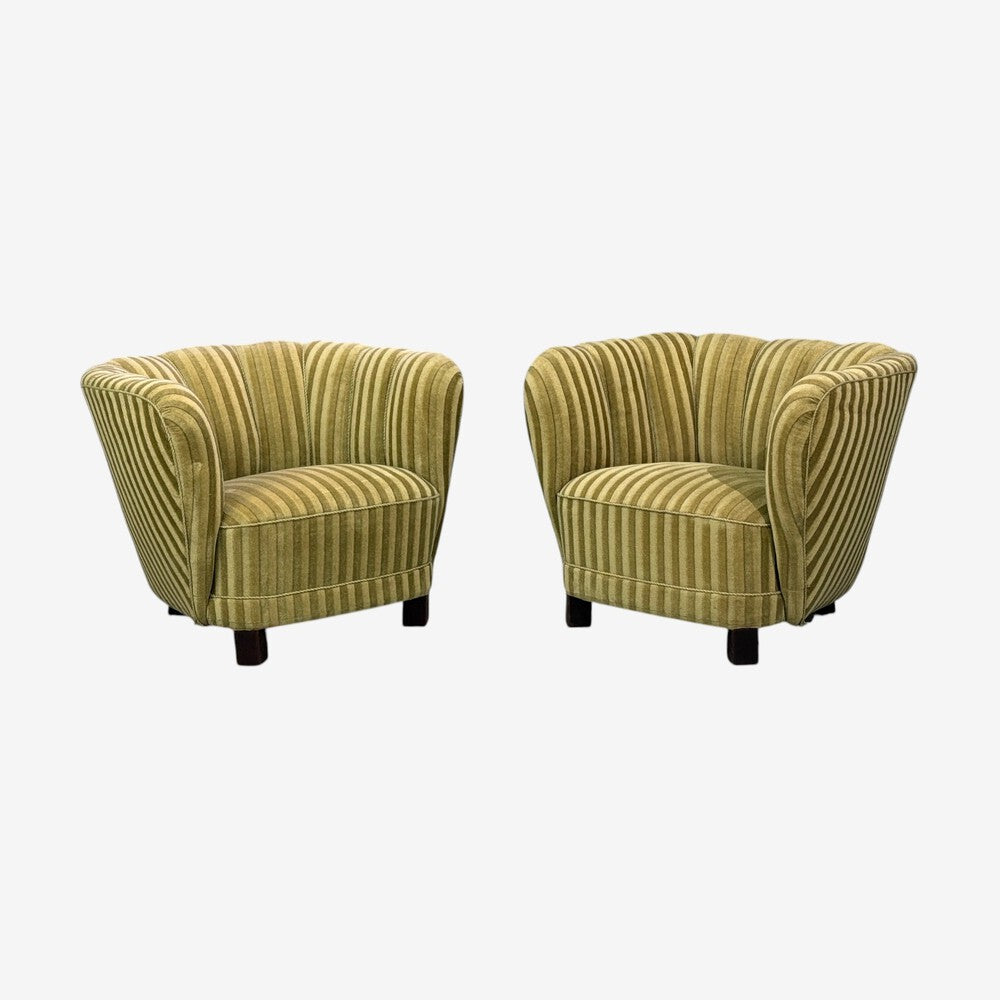 Danish Cabinetmaker, Banana Lounge Chairs, Beech, Velour, Denmark, 1940s