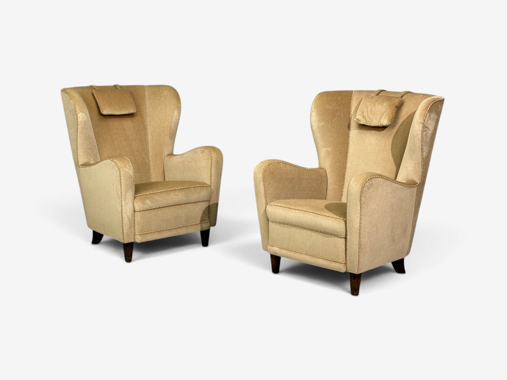 Finnish Modern, Wingback Chairs, Beige Velvet, Wood, Finland, 1950s
