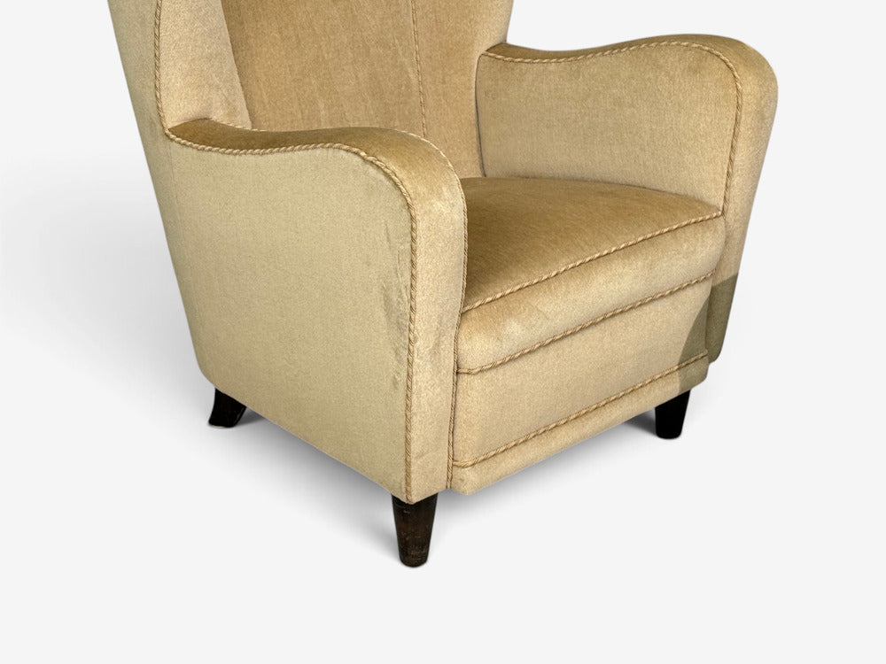 Finnish Modern, Wingback Chairs, Beige Velvet, Wood, Finland, 1950s