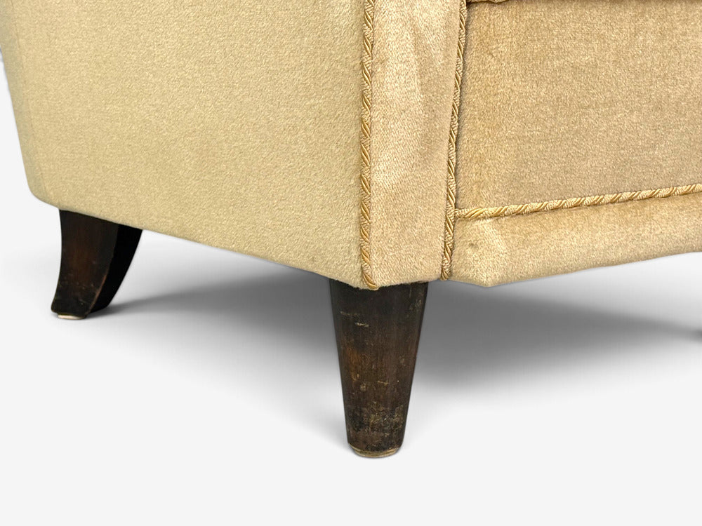 Finnish Modern, Wingback Chairs, Beige Velvet, Wood, Finland, 1950s