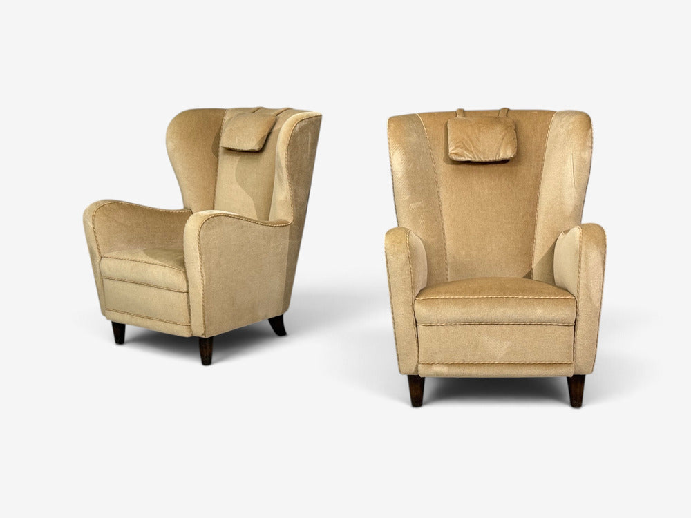 Finnish Modern, Wingback Chairs, Beige Velvet, Wood, Finland, 1950s