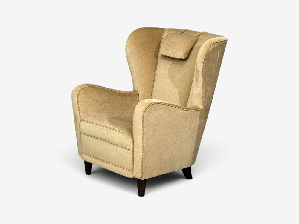 Finnish Modern, Wingback Chairs, Beige Velvet, Wood, Finland, 1950s