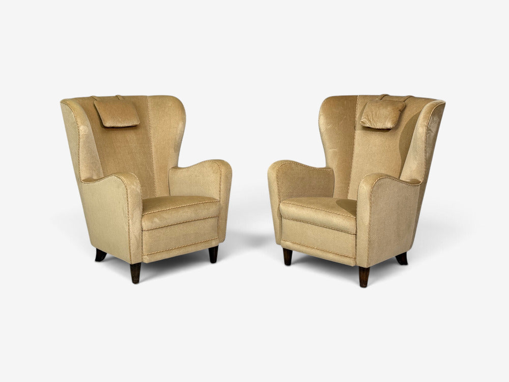 Finnish Modern, Wingback Chairs, Beige Velvet, Wood, Finland, 1950s