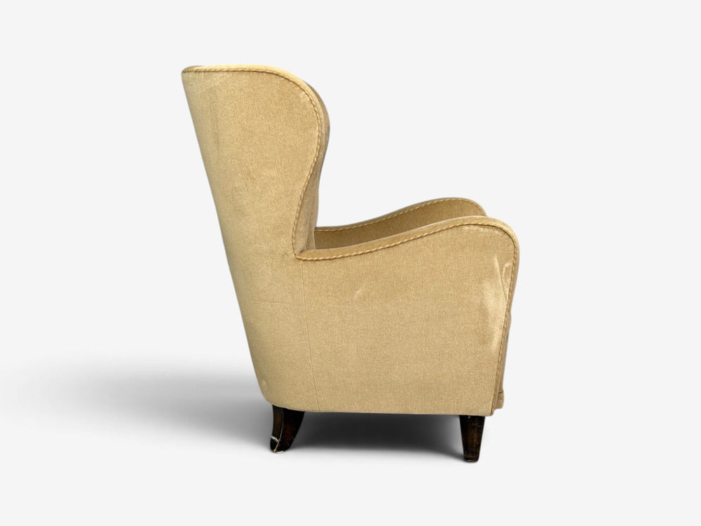 Finnish Modern, Wingback Chairs, Beige Velvet, Wood, Finland, 1950s