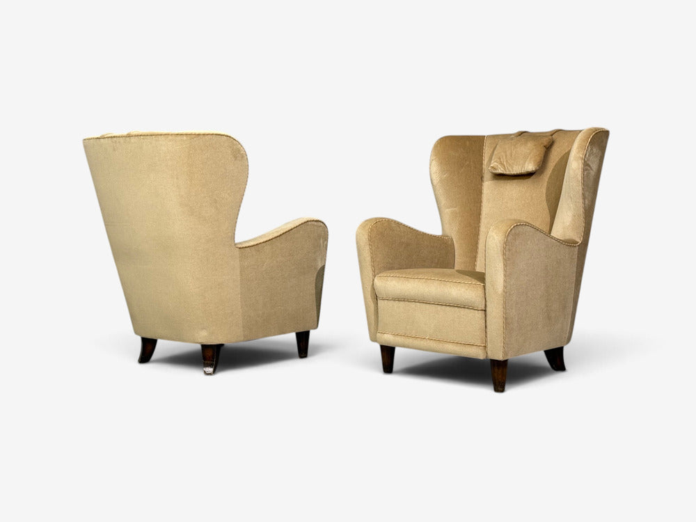 Finnish Modern, Wingback Chairs, Beige Velvet, Wood, Finland, 1950s