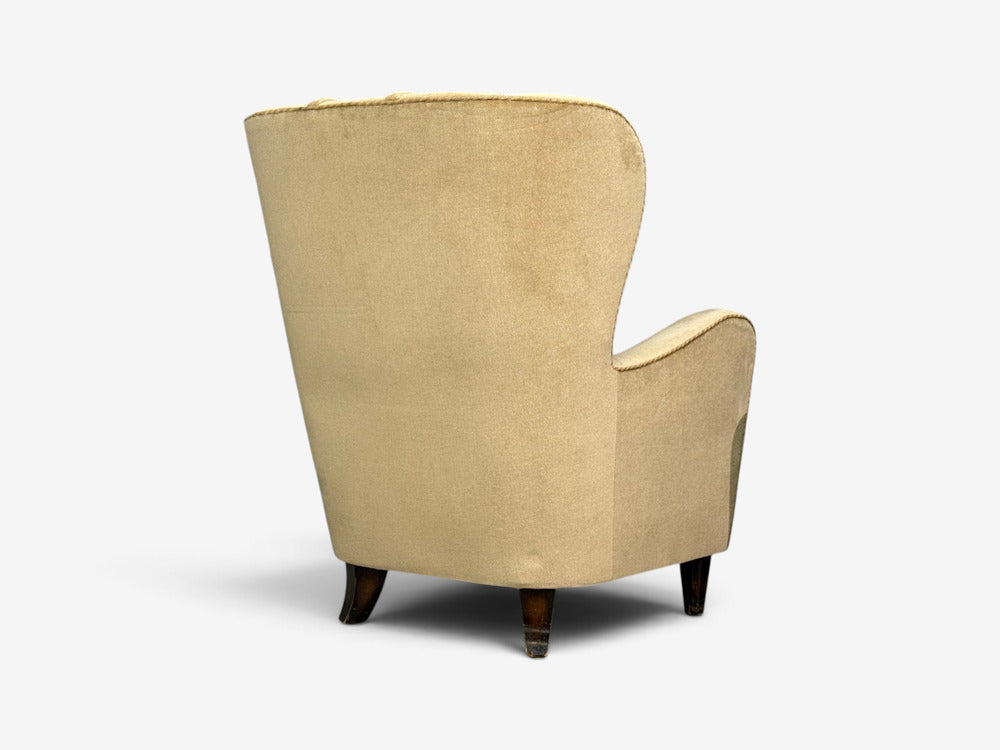 Finnish Modern, Wingback Chairs, Beige Velvet, Wood, Finland, 1950s
