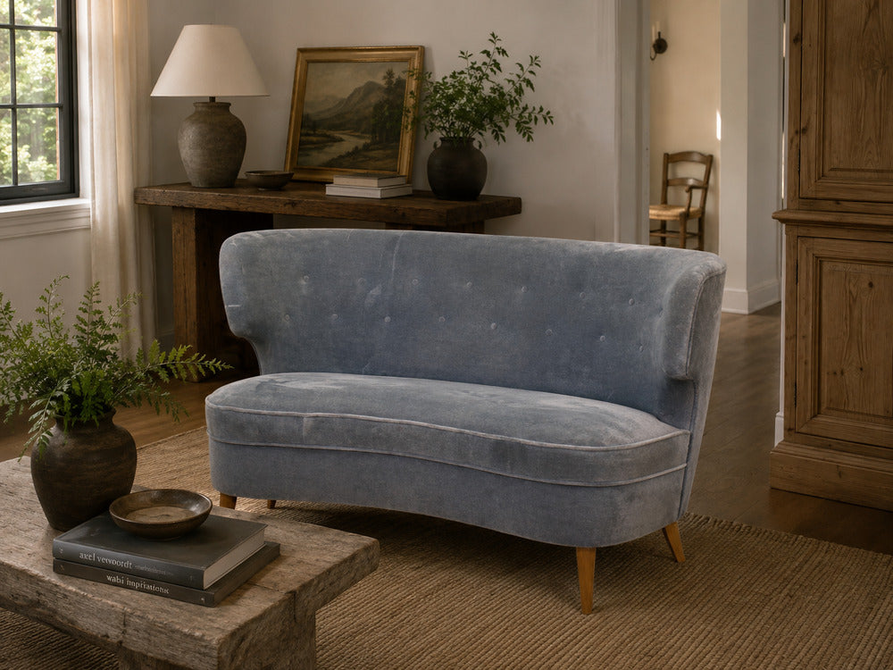 Carl-Johan Boman, Finnish Modern, Settee, Velvet, Wood, Finland, 1950s