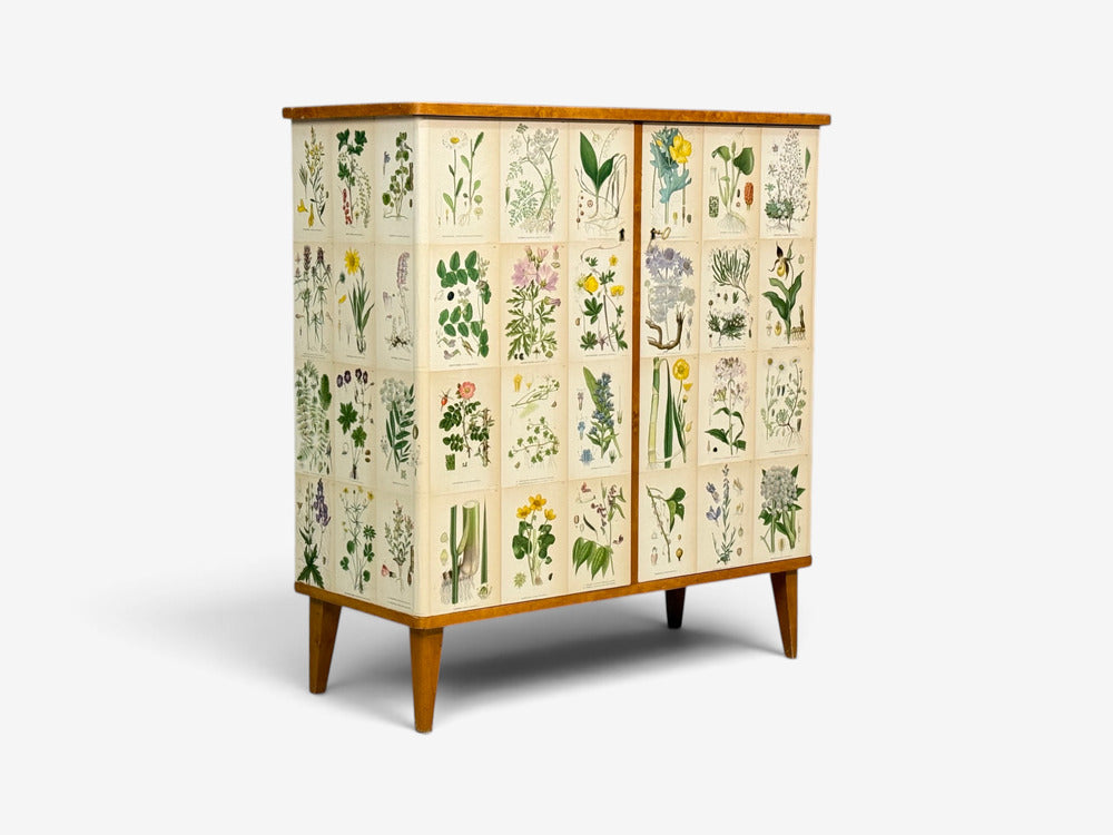 Swedish Modern, Nordens Flora Cabinet, Birch, Floral Lithographs, Sweden, 1940s