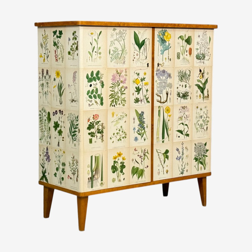 Swedish Modern, Nordens Flora Cabinet, Birch, Floral Lithographs, Sweden, 1940s