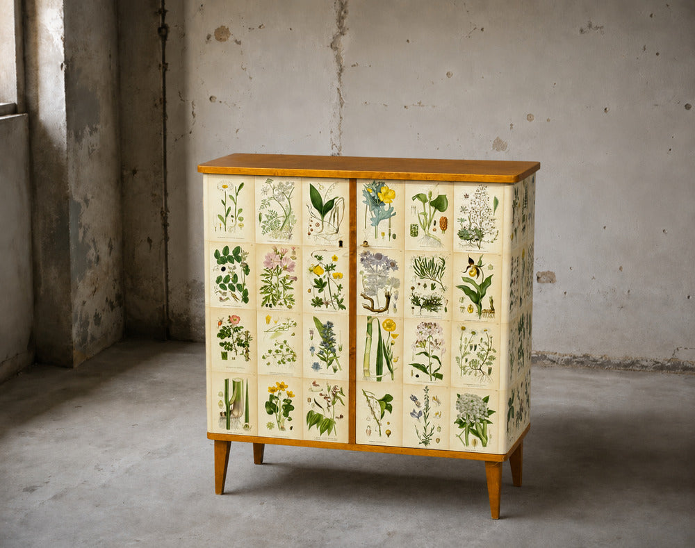 Swedish Modern, Nordens Flora Cabinet, Birch, Floral Lithographs, Sweden, 1940s