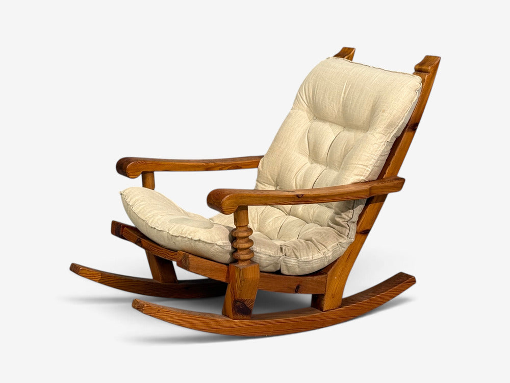 Collden, Swedish Modern, Large Rocking Chair, Pine, Fabric, Sweden, 1970s