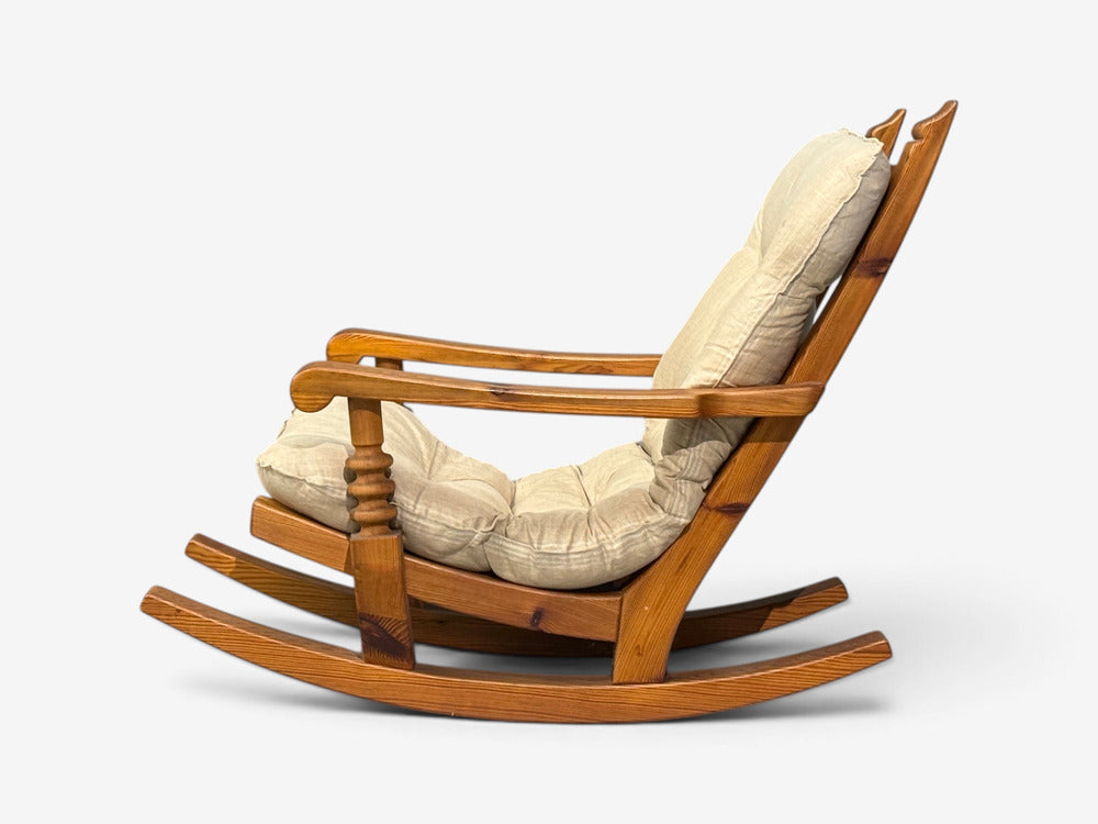 Collden, Swedish Modern, Large Rocking Chair, Pine, Fabric, Sweden, 1970s
