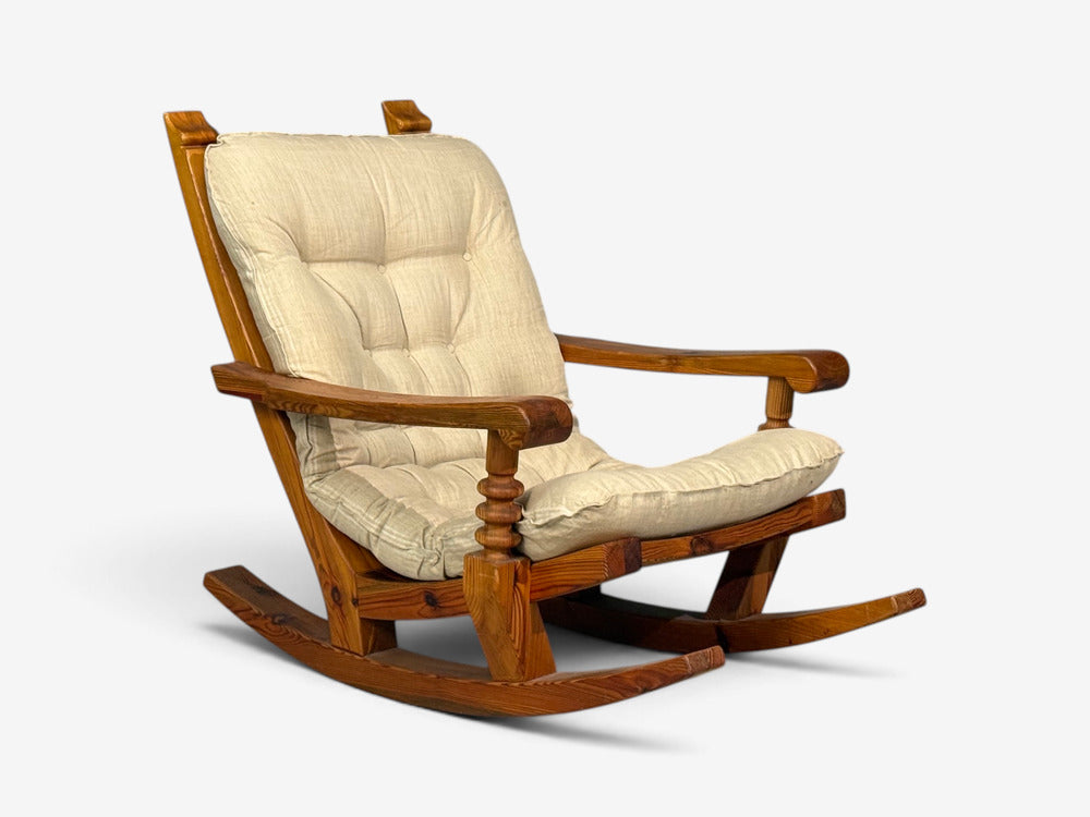 Collden, Swedish Modern, Large Rocking Chair, Pine, Fabric, Sweden, 1970s