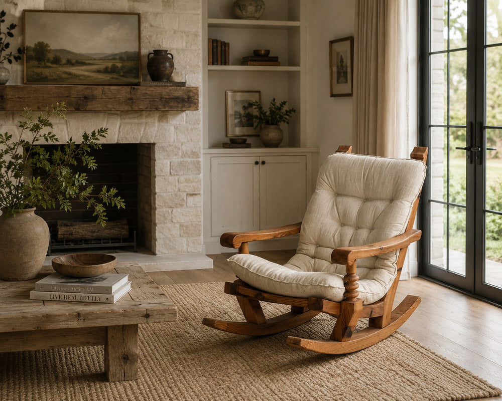 Collden, Swedish Modern, Large Rocking Chair, Pine, Fabric, Sweden, 1970s