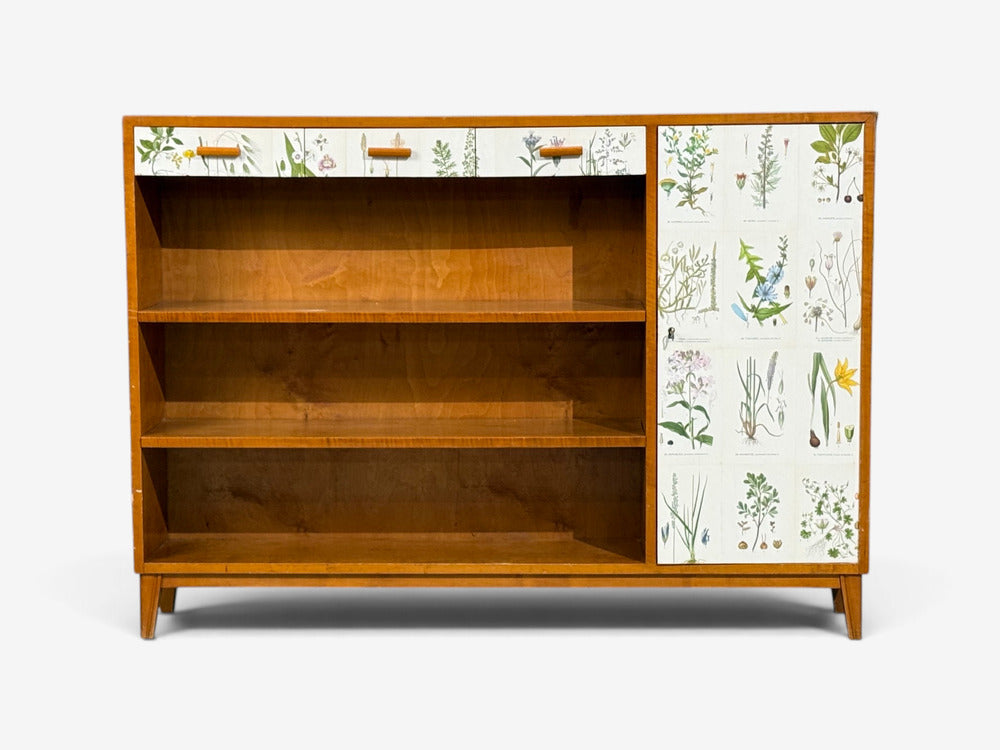 Swedish Modern, Nordens Flora Bookcase, Birch, Floral Lithographs, Sweden, 1940s