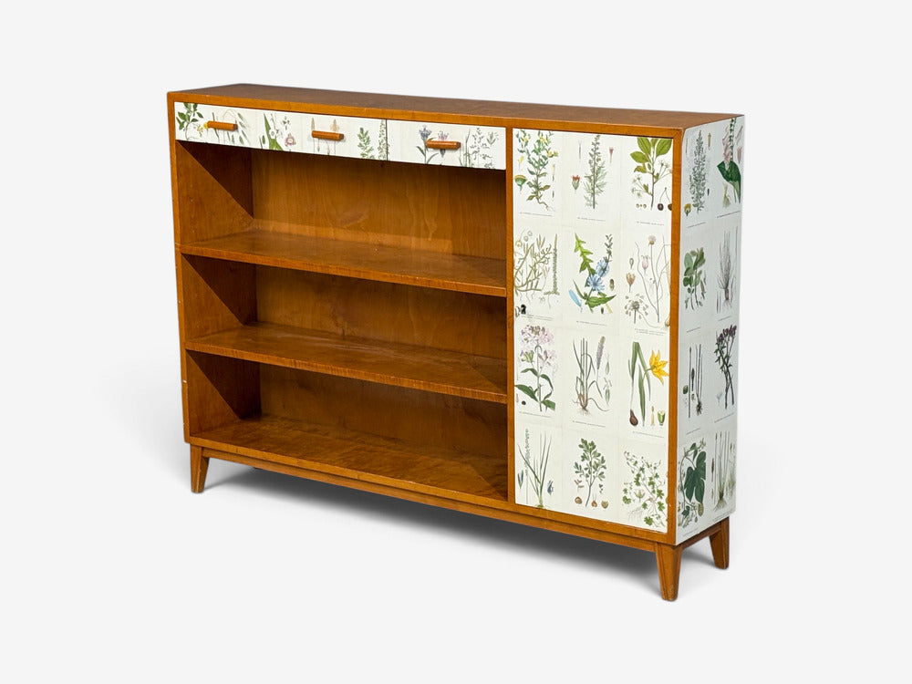 Swedish Modern, Nordens Flora Bookcase, Birch, Floral Lithographs, Sweden, 1940s