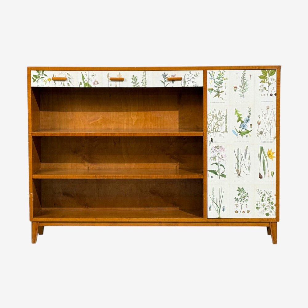 Swedish Modern, Nordens Flora Bookcase, Birch, Floral Lithographs, Sweden, 1940s