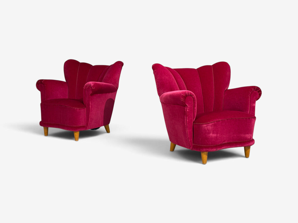 Swedish Cabinetmaker, Lounge Chairs, Red Velvet, Lacquered Wood, Sweden, 1940s