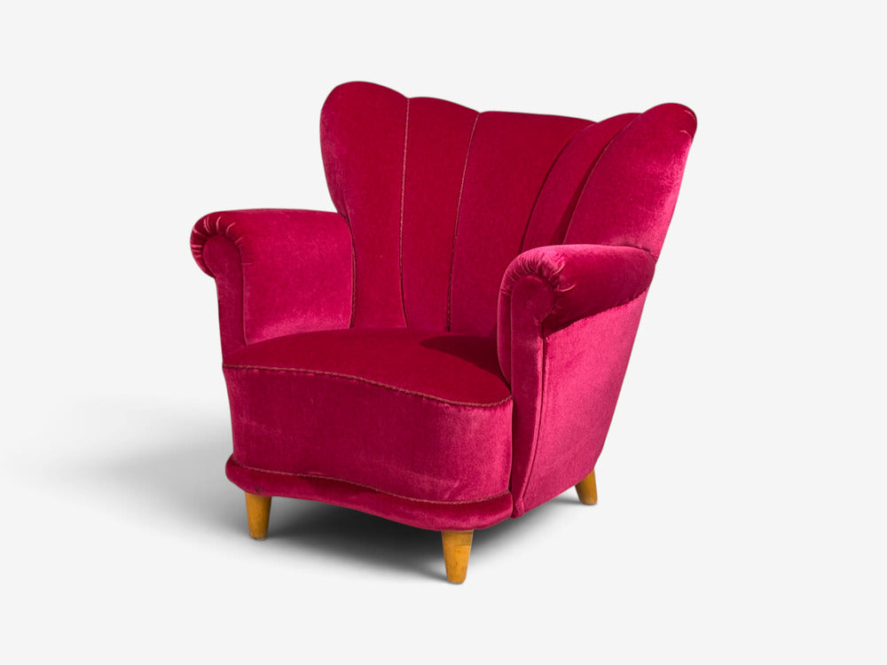 Swedish Cabinetmaker, Lounge Chairs, Red Velvet, Lacquered Wood, Sweden, 1940s
