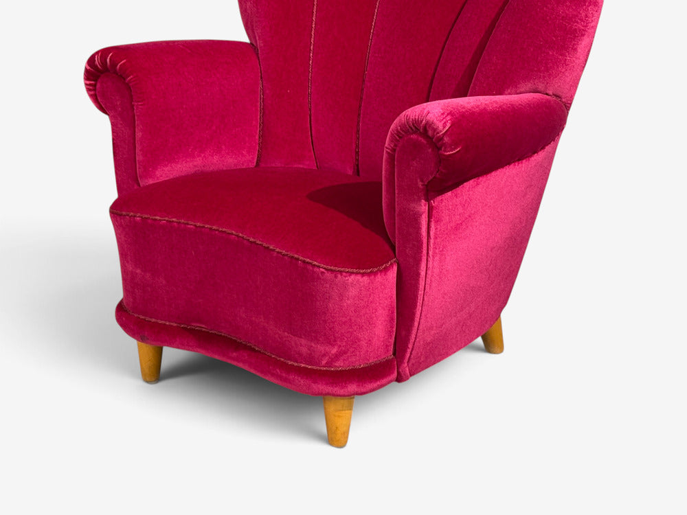 Swedish Cabinetmaker, Lounge Chairs, Red Velvet, Lacquered Wood, Sweden, 1940s