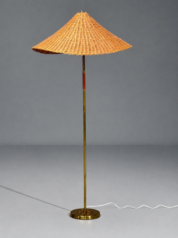 V. Soini Oy, Rare Floor Lamp, Brass, Leather, Rattan, Finland, 1950s