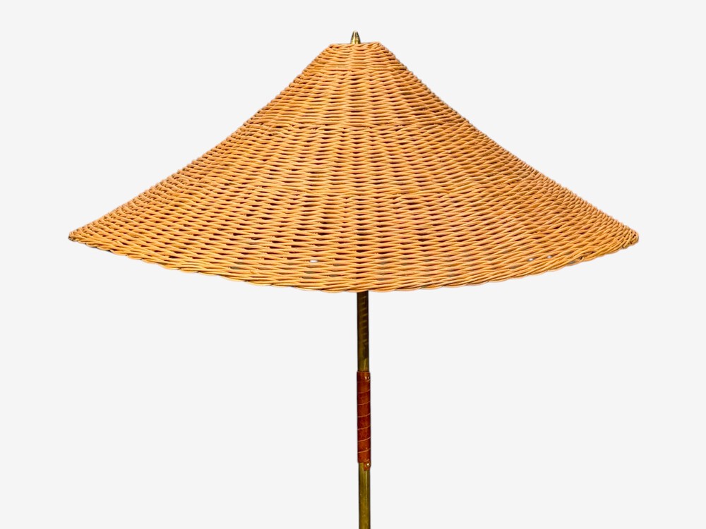 V. Soini Oy, Rare Floor Lamp, Brass, Leather, Rattan, Finland, 1950s