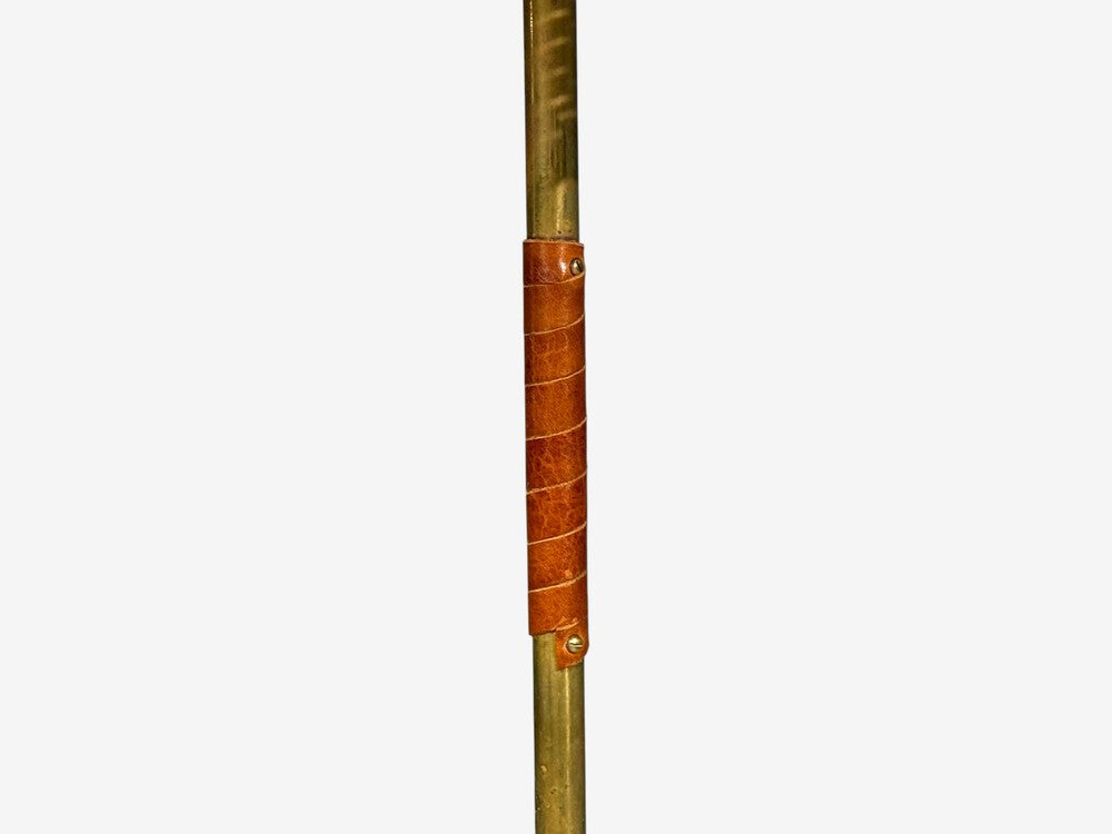 V. Soini Oy, Rare Floor Lamp, Brass, Leather, Rattan, Finland, 1950s