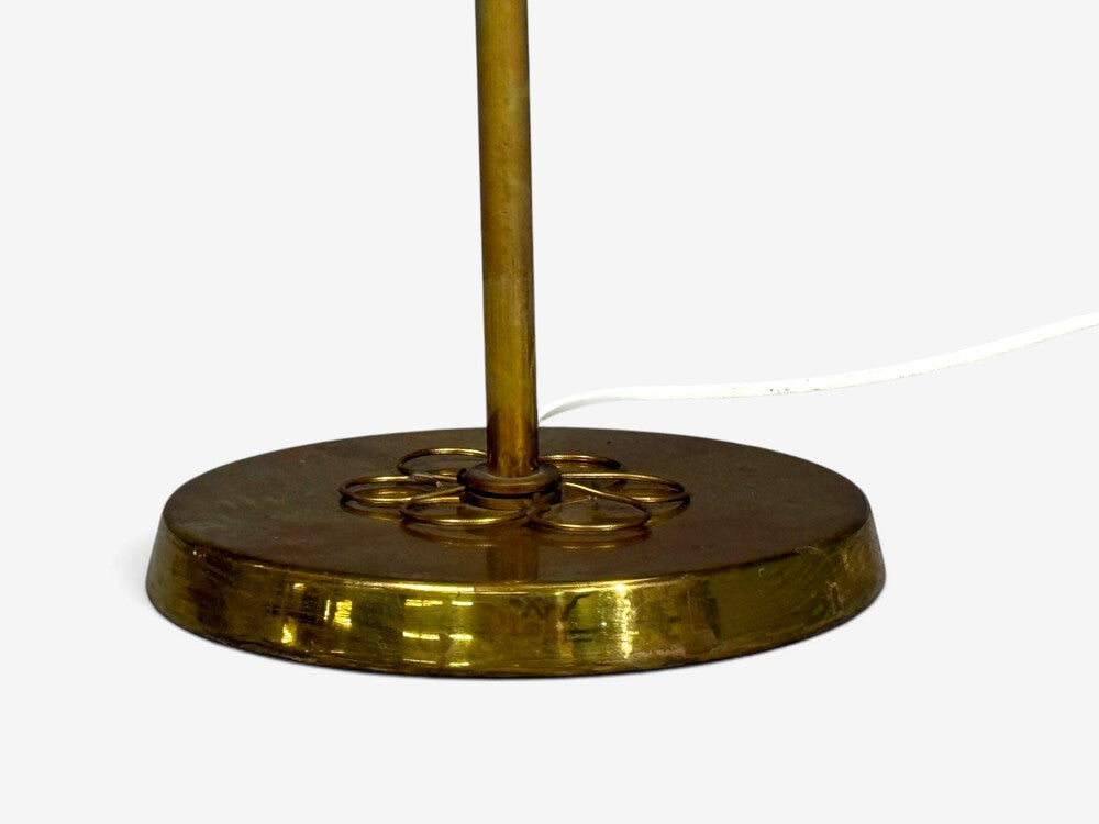 V. Soini Oy, Rare Floor Lamp, Brass, Leather, Rattan, Finland, 1950s