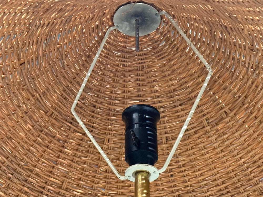 V. Soini Oy, Rare Floor Lamp, Brass, Leather, Rattan, Finland, 1950s