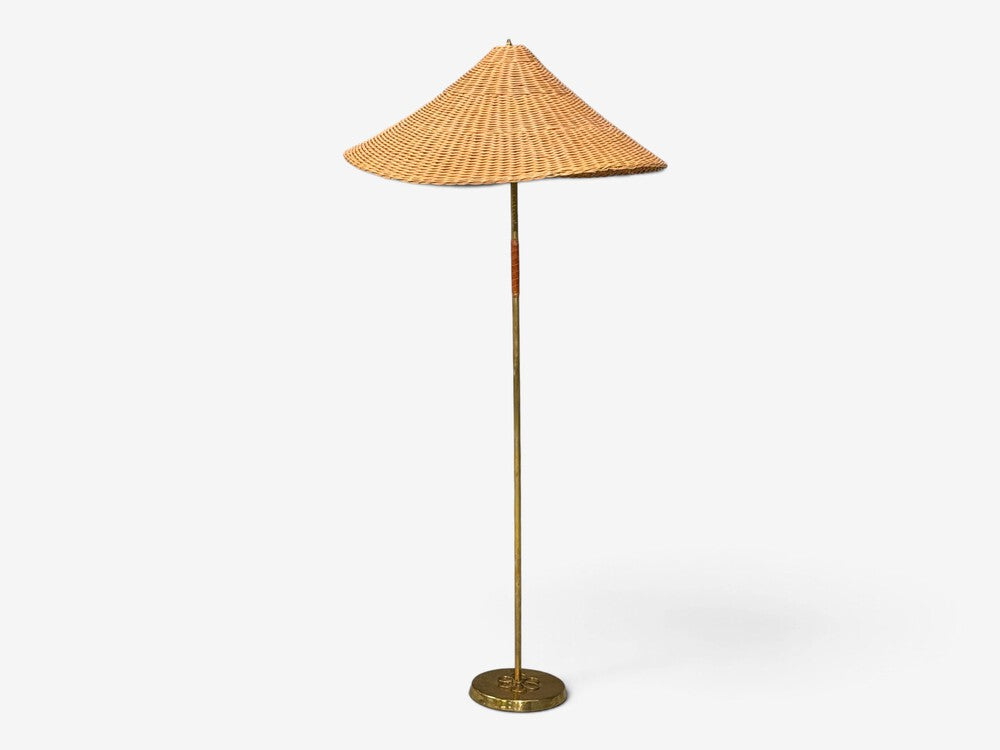 V. Soini Oy, Rare Floor Lamp, Brass, Leather, Rattan, Finland, 1950s