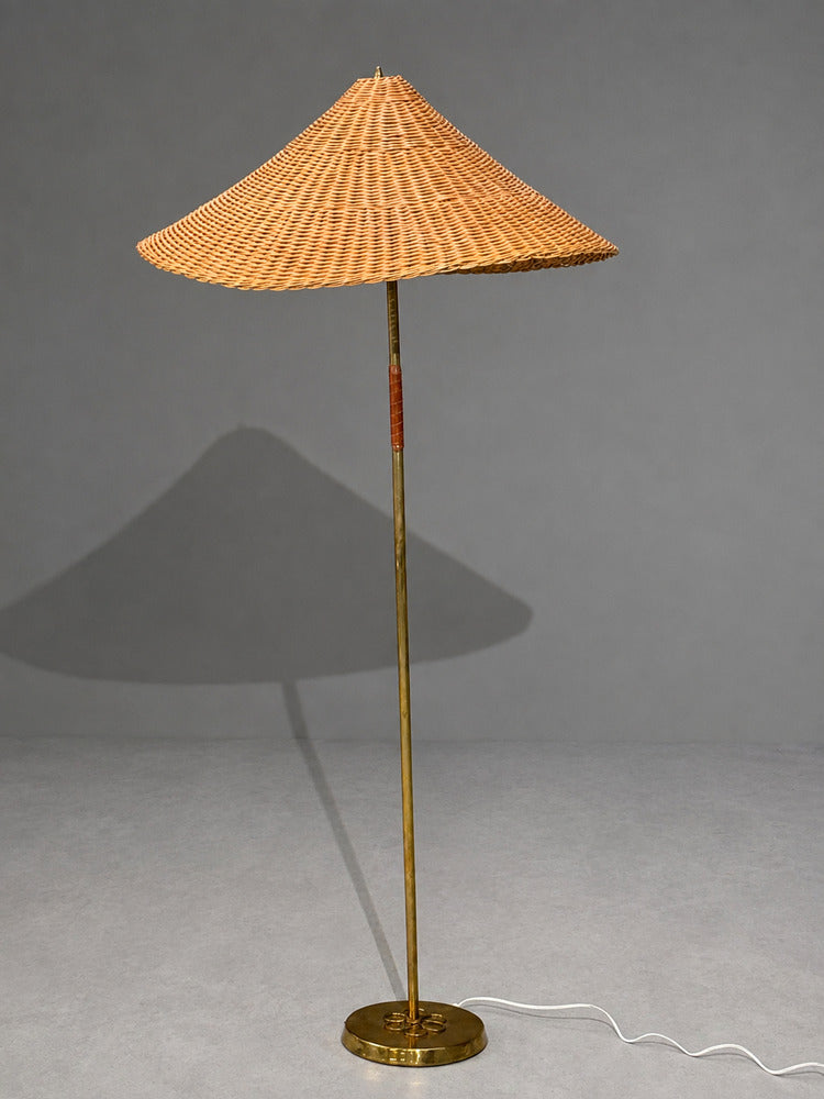 V. Soini Oy, Rare Floor Lamp, Brass, Leather, Rattan, Finland, 1950s