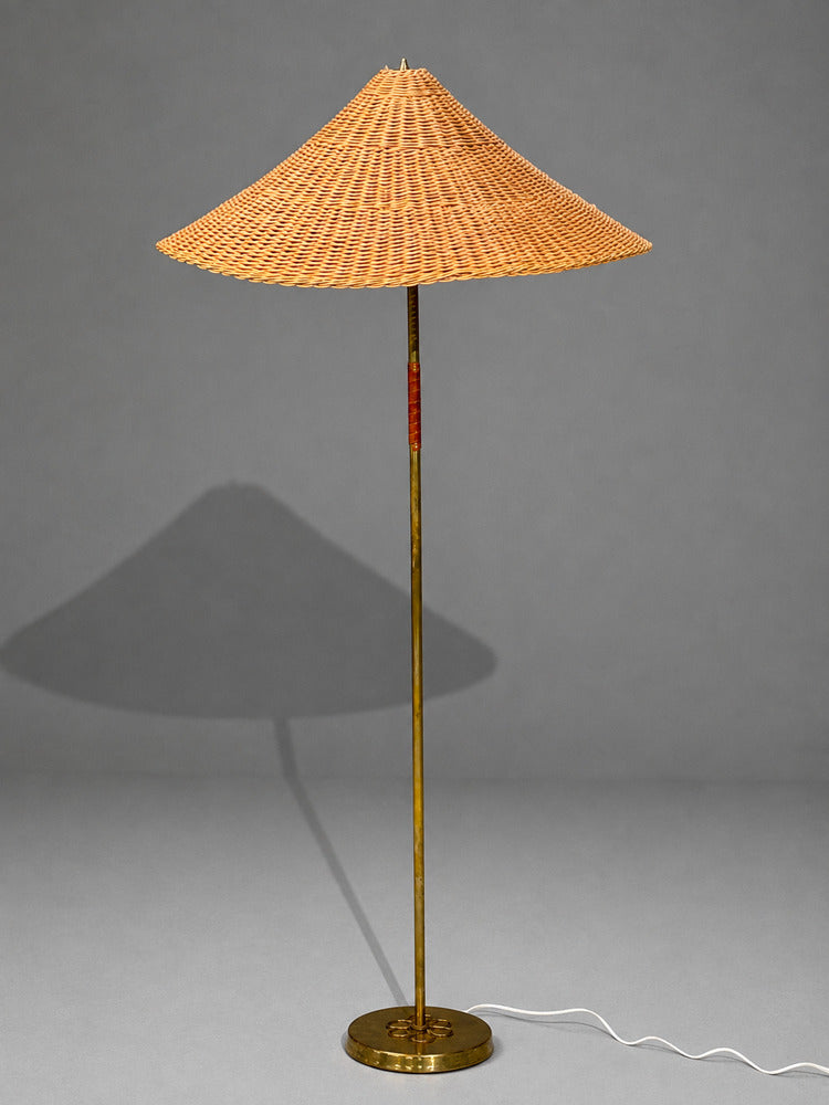 V. Soini Oy, Rare Floor Lamp, Brass, Leather, Rattan, Finland, 1950s