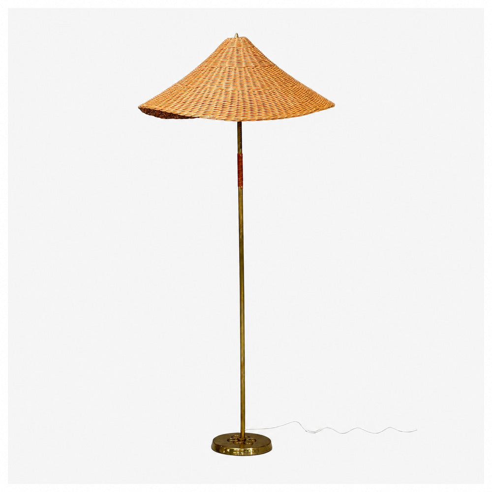 V. Soini Oy, Rare Floor Lamp, Brass, Leather, Rattan, Finland, 1950s