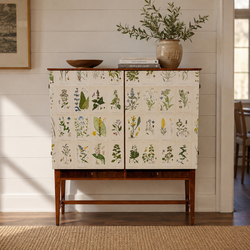 Swedish Modern, Nordens Flora Cabinet, Birch, Floral Lithographs, Sweden, 1940s
